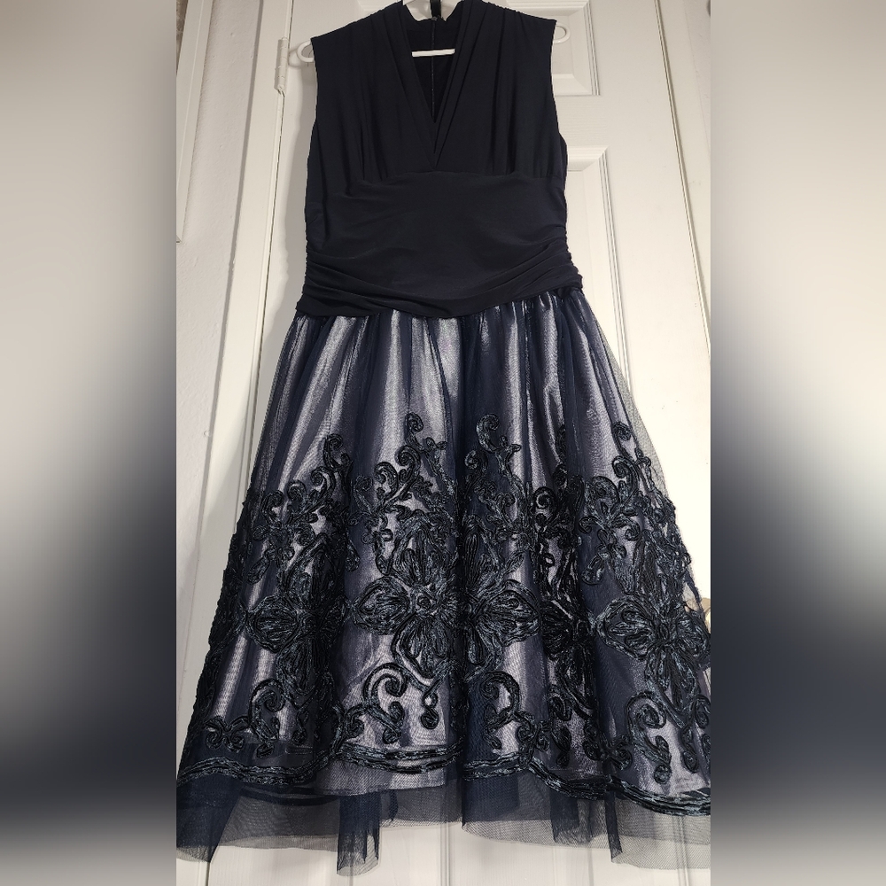 S.L. Fashions. Elegant Navy Sleeveless Dress with Embroidered Skirt Size 16